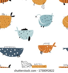 Vector hand-drawn colored childish seamless repeating simple flat pattern with fishes in scandinavian style on a white background. Cute baby animals. Pattern for kids with fish. Sea. Ocean.
