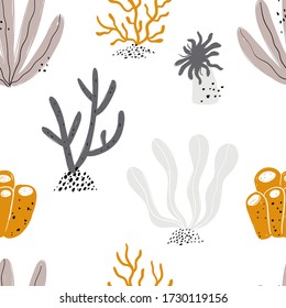 Vector hand-drawn colored childish seamless repeating simple flat pattern with algae and corral in Scandinavian style on a white background.Pattern for children with corral.Sea ocean.Underwater plants