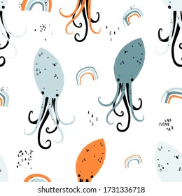 Vector hand-drawn colored childish seamless repeating simple flat pattern with octopuses in scandinavian style on a white background. Cute baby animals. Pattern for kids with octopuses. Sea. Ocean.
