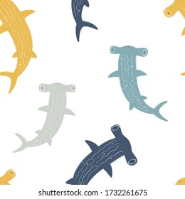 Vector hand-drawn colored childish seamless repeating simple flat pattern with hammerhead sharks in scandinavian style on a white background. Cute baby animals. Pattern for kids with hammerhead sharks