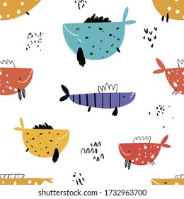 Vector hand-drawn colored childish seamless repeating simple flat pattern with fishes in scandinavian style on a white background. Cute baby animals. Pattern for kids with fish. Sea. Ocean.
