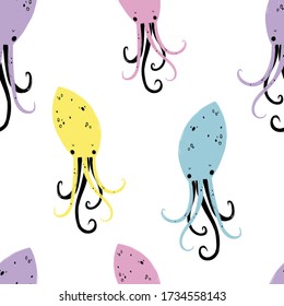 Vector de color infantil a mano sin fisuras repitiendo un sencillo patrón plano con octopuses de estilo escandinavo sobre un fondo blanco. Animales pequeños. Patrón para niños con octopuses. Mar. Océano.
