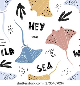 Vector hand-drawn colored childish seamless repeating simple flat pattern with stingrays in scandinavian style on a white background. Cute baby animals. Pattern for kids with stingrays. Sea. Ocean.
