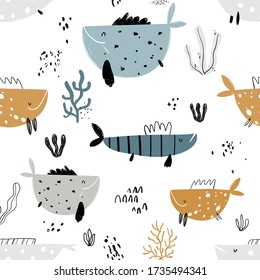 Vector Hand-drawn Colored Childish Seamless Repeating Simple Flat Pattern With Fishes In Scandinavian Style On A White Background. Cute Baby Animals. Pattern For Kids With Fish. Sea. Ocean.
