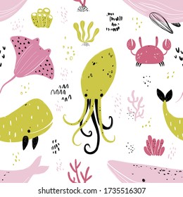 Vector hand-drawn colored childish seamless repeating simple flat pattern with octopuses,crabs, whales, stingray and seaweed in scandinavian style on a white background. Cute baby animals. Sea. Ocean