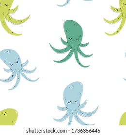 Vector hand-drawn colored childish seamless repeating simple flat pattern with octopuses in scandinavian style on a white background. Cute baby animals. Pattern for kids with octopuses. Sea. Ocean.
