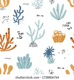 Vector hand-drawn colored childish seamless repeating simple flat pattern with algae and corral in Scandinavian style on a white background.Pattern for children with corral.Sea ocean.Underwater plants