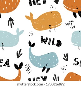 Vector hand-drawn colored childish seamless repeating simple flat pattern with whales in scandinavian style on a white background. Cute baby animals. Pattern for kids with whales. Sea. Ocean.