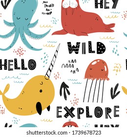 Vector hand-drawn colored childish seamless repeating simple flat pattern with narwhal, octopus, walrus, jellyfish in scandinavian style on a white background. Cute baby animals. Pattern for kids.
