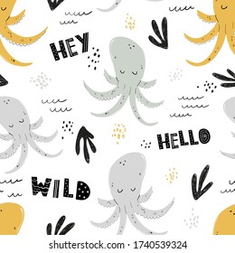 Vector hand-drawn colored childish seamless repeating simple flat pattern with octopuses in scandinavian style on a white background. Cute baby animals. Pattern for kids with octopuses. Sea. Ocean.
