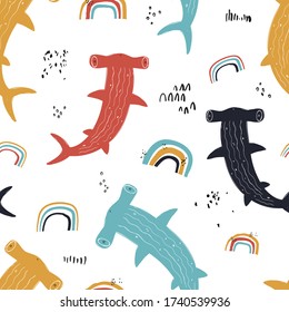 Vector hand-drawn colored childish seamless repeating simple flat pattern with hammerhead sharks in scandinavian style on a white background. Cute baby animals. Pattern for kids with hammerhead sharks