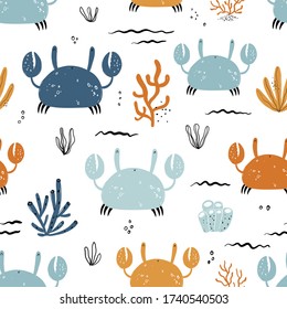 Vector hand-drawn colored childish seamless repeating simple flat pattern with crabs and plants in Scandinavian style on a white background. Pattern for kids with crabs. Sea ocean. Underwater world. 