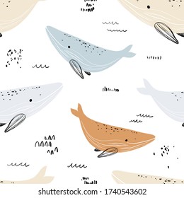 Vector Hand-drawn Colored Childish Seamless Repeating Simple Flat Pattern With Whales In Scandinavian Style On A White Background. Cute Baby Animals. Pattern For Kids With Whales. Sea. Ocean.
