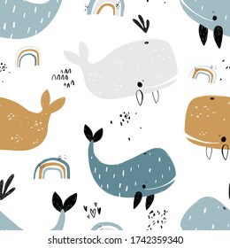 Vector hand-drawn colored childish seamless repeating simple flat pattern with whales and rainbow in scandinavian style on a white background. Cute baby animals. Pattern for kids with whales.
