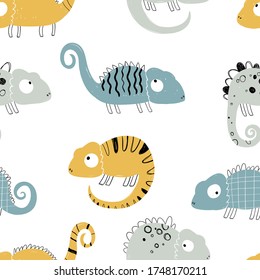 Vector hand-drawn colored childish seamless repeating simple flat pattern with chameleons in scandinavian style on a white background. Cute baby animals. Pattern for kids with chameleon. Lizard.