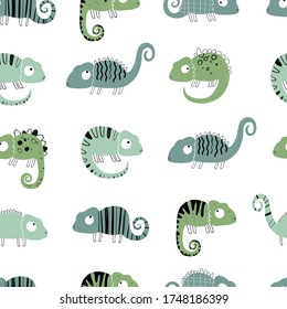 Vector hand-drawn colored childish seamless repeating simple flat pattern with chameleons in scandinavian style on a white background. Cute baby animals. Pattern for kids with chameleon. Lizard.