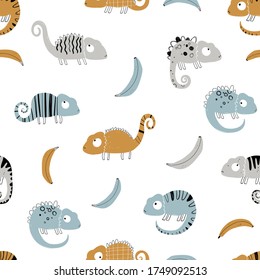 Vector hand-drawn colored childish seamless repeating simple flat pattern with chameleons and bananas in scandinavian style on a white background. Cute baby animals. Pattern for kids with chameleon.