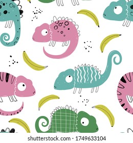 Vector hand-drawn colored childish seamless repeating simple flat pattern with chameleons and bananas in scandinavian style on a white background. Cute baby animals. Pattern for kids with chameleon.