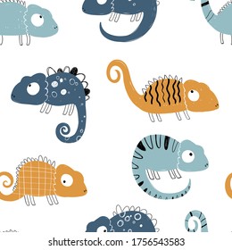 Vector hand-drawn colored childish seamless repeating simple flat pattern with chameleons in scandinavian style on a white background. Cute baby animals. Pattern for kids with chameleon. Lizard.