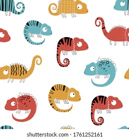 Vector hand-drawn colored childish seamless repeating simple flat pattern with chameleons in scandinavian style on a white background. Cute baby animals. Pattern for kids with chameleon. Lizard.