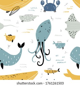 Vector hand-drawn colored childish seamless repeating simple flat pattern with octopus, stingray, whale, crab and seaweed in scandinavian style on a white background. Pattern for kids. Underwater.
