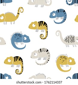 Vector hand-drawn colored childish seamless repeating simple flat pattern with chameleons in scandinavian style on a white background. Cute baby animals. Pattern for kids with chameleon. Lizard.