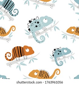 Vector hand-drawn colored childish seamless repeating simple flat pattern with chameleons in scandinavian style on a white background. Cute baby animals. Pattern for kids with chameleon. Lizard.