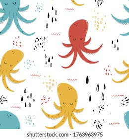 Vektor handgezeichnet kindisch nahtlos wiederholende einfache flache Muster mit Tintenfischen im skandinavischen Stil auf weißem Hintergrund. Rutschtiere. Muster für Kinder mit Tintenfisch. Meer. Ozean.
