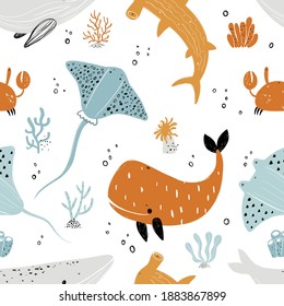 Vector hand-drawn colored childish seamless repeating simple flat pattern with stingray, whale, crab,shark, fishes in scandinavian style on a white background. Cute baby animals. Sea. Ocean.
