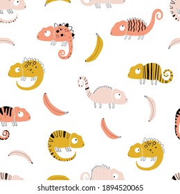 Vector hand-drawn colored childish seamless repeating simple flat pattern with chameleons and banans in scandinavian style on a white background. Cute baby animals. Pattern for kids with chameleon