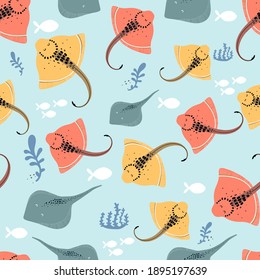 Vector hand-drawn colored childish seamless repeating simple flat pattern with stingray on a blue background. Childish texture for fabric, wallpaper, textile, apparel. Sea. Ocean. stingrays pattern