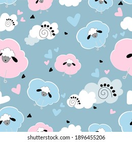 Vector hand-drawn colored childish seamless repeating simple flat pattern with pink and blue sheeps on a blue background. Texture for fabric, wallpaper, textile, apparel. Cute sheeps
