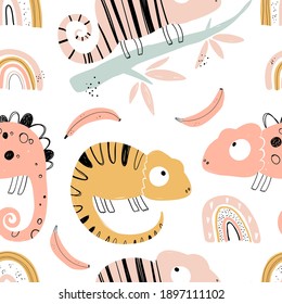 Vector hand-drawn colored childish seamless repeating simple flat pattern with chameleons, rainbows and bananas in scandinavian style on a white background. Cute baby animals. Pattern for kids.