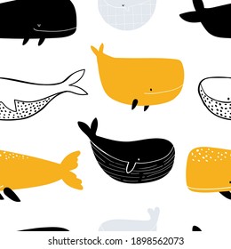 Vector hand-drawn colored childish seamless repeating simple flat pattern with whales in scandinavian style on a white background. Cute baby animals. Pattern for kids with whales.
