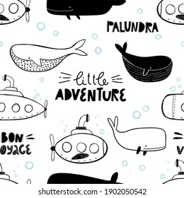 Vector hand-drawn colored childish seamless repeating simple flat pattern with whales and submarines in scandinavian style on a white background. Cute baby animals. Pattern for kids with whales.
