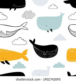 Vector de color infantil a mano sin fisuras repitiendo un sencillo patrón plano con ballenas y nubes en estilo escandinavo sobre un fondo blanco. Animales pequeños. Patrón para niños con ballenas.
