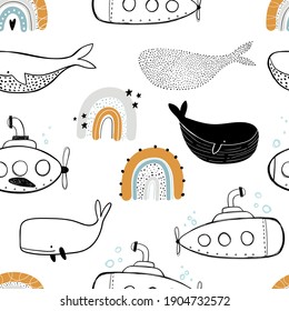 Vector hand-drawn colored childish seamless repeating simple flat pattern with whales, rainbows and submarines in scandinavian style on a white background. Cute baby animals. Kids design.