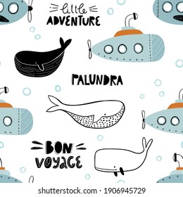 Vector hand-drawn colored childish seamless repeating simple flat pattern with whales and submarines in scandinavian style on a white background. Cute baby animals. Pattern for kids with whales.