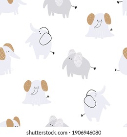 Vector hand-drawn colored childish seamless repeating simple flat pattern with cute elephants and in Scandinavian style on a white background. Cute baby animals. Pattern for kids.