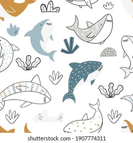 Vector hand-drawn colored childish seamless repeating simple doodle pattern with sharks in scandinavian style on a white background. Cute baby animals. Pattern for kids with sharks. Sea. Underwater.