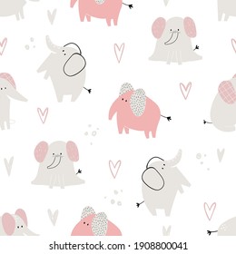 Vector hand-drawn colored childish seamless repeating simple flat pattern with cute elephants and hearts in Scandinavian style on a white background. Cute baby animals. Pattern for kids.
