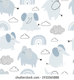 Vector hand-drawn colored childish seamless repeating simple flat pattern with cute elephants, rainbows and clouds in Scandinavian style on a white background. Cute baby animals. Pattern for kids.