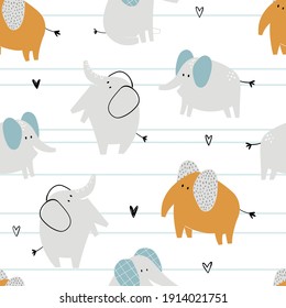 Vector de color infantil a mano sin fisuras repitiendo un sencillo patrón plano con elefantes y corazones bonitos al estilo escandinavo sobre un fondo blanco. Animales pequeños. Patrón para los niños.