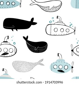 Vector hand-drawn colored childish seamless repeating simple flat pattern with whales and submarines in scandinavian style on a white background. Cute baby animals. Pattern for kids with whales.