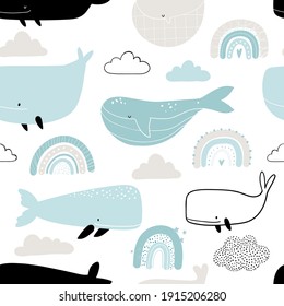 Vector hand-drawn colored childish seamless repeating simple pattern with whales, clouds and rainbows in scandinavian style on a white background. Cute baby animals. Pattern for kids with whales.