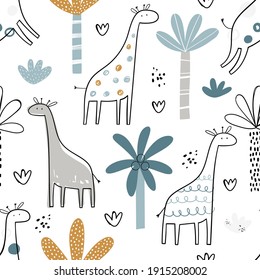 Vector hand-drawn colored childish seamless repeating simple pattern with cute giraffes and palm trees in scandinavian style on a white background. Cute baby animals. Pattern for kids with giraffes.