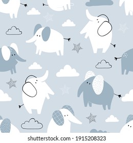 Vector hand-drawn colored childish seamless repeating simple flat pattern with cute elephants, clouds and stars in Scandinavian style on a blue background. Cute baby animals. Pattern for kids.