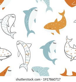 Vector de color infantil a mano sin fisuras repitiendo simple patrón de doodle con tiburones de estilo escandinavo sobre un fondo blanco. Animales pequeños. Patrón para los niños con tiburones. Mar. Bajo el agua.
