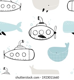 Vector hand-drawn colored childish seamless repeating simple flat pattern with whales and submarines in scandinavian style on a white background. Cute baby animals. Pattern for kids with whales.