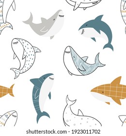 Vector de color infantil a mano sin fisuras repitiendo simple patrón de doodle con tiburones de estilo escandinavo sobre un fondo blanco. Animales pequeños. Patrón para los niños con tiburones. Mar. Bajo el agua.